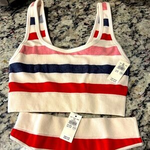 Aerie Bralette + Panty match set XS sports bra XXS thong NWT cream/red/navy